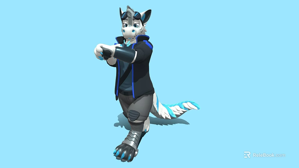 Game Movie Anthropomorphic Character With White Blue Fur Black Jacket And Mechanical Arm 3d model 
