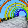 Vibrant Colorful Archway Garden Landscape With Glass Roof Stone Walkway And Blue Sky