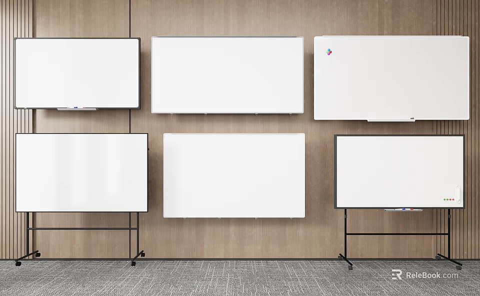 Instruments And Art Supplies Display On Whiteboards With Wooden Wall And Gray Carpet 3d model 