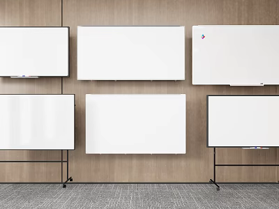 Instruments And Art Supplies Display On Whiteboards With Wooden Wall And Gray Carpet 3d model
