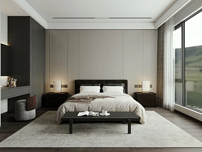 Modern Bedroom Interior Design With Bedside Tables Table Lamps Rug And Mountain View Window 3d model