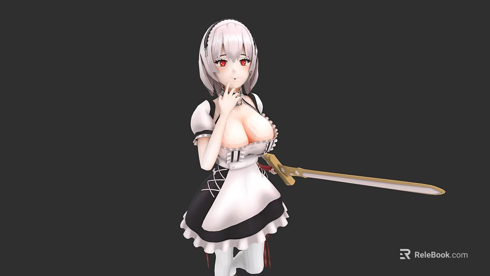 Game Anime Character with Silver Hair Red Eyes in Maid Outfit Holding Sword 3d model 