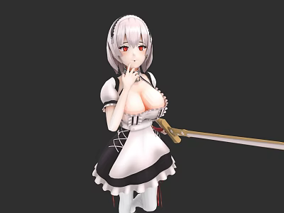 Game Anime Character with Silver Hair Red Eyes in Maid Outfit Holding Sword 3d model