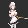 Game Anime Character with Silver Hair Red Eyes in Maid Outfit Holding Sword
