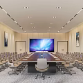 Modern Conference Room Interior Design With Long Table Multiple Chairs And Large Screen 3d model