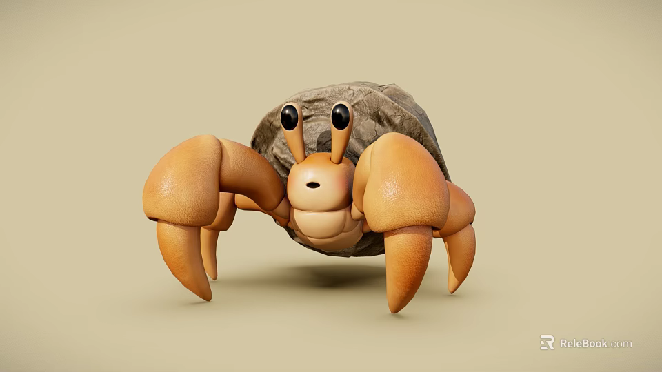 3D Rendered Hermit Crab With Large Eyes Orange Claws And Stone Like Shell 3d model 