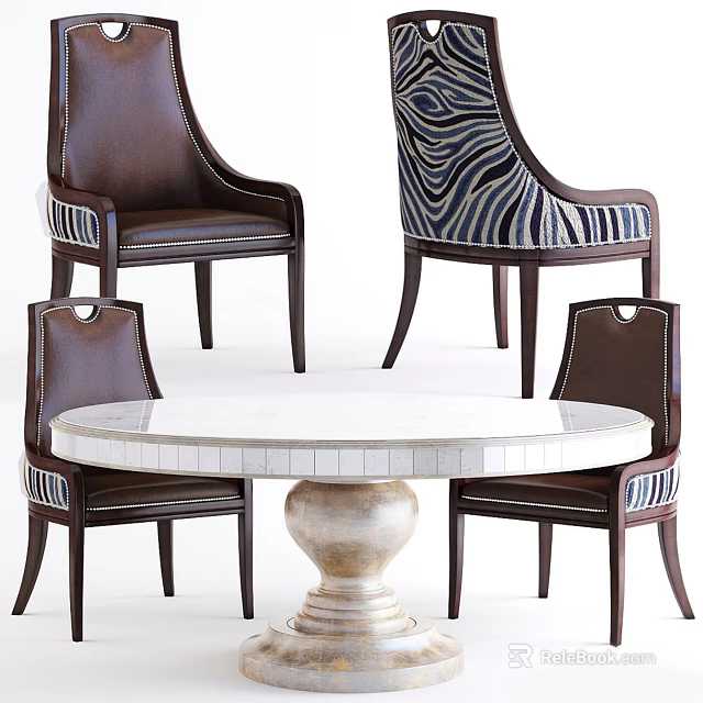 Elegant Dining Table Set With Round Marble Tabletop Decorative Pedestal Base And Dark Wooden Chairs Featuring Leather Seats Zebra Pattern Backrest And White Trim 3d model 