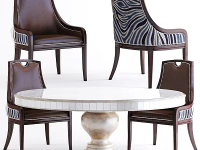 Elegant Dining Table Set With Round Marble Tabletop Decorative Pedestal Base And Dark Wooden Chairs Featuring Leather Seats Zebra Pattern Backrest And White Trim 3d model