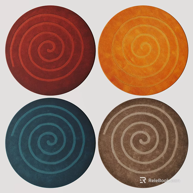 Stylish Round Rugs with Spiral Pattern in Red Orange Blue Brown Tones 3d model 