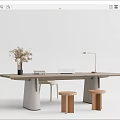 Modern Wooden Desk Design With Laptop Stools Vase And Decorative Elements 3d model