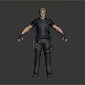 Man In Blue T-shirt With Backpack Tactical Belt Black Pants Wrist Guards On Gray Background