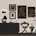 Vintage Interior With Framed Artworks Gramophone Circular Hole Cabinet Carved Chair And Potted Plant