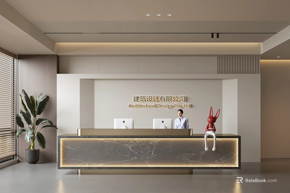 Modern Front Desk Reception Area With Receptionist Marble Counter And Green Plants 3d model 