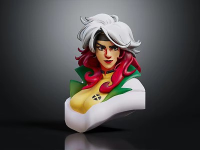 Anime Character Bust with White and Red Hair Yellow Top Green Collar and X Symbol 3d model
