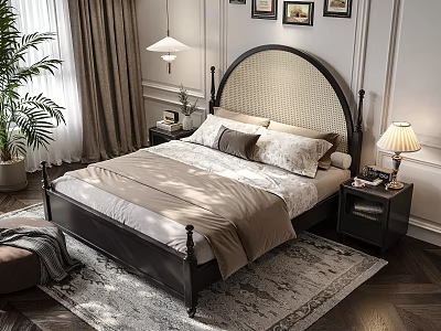 Double Bed With Arched Woven Headboard Beige Gray Bedding Nightstand Table Lamp Cozy Bedroom 3d model