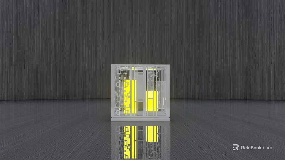 Transparent Cube Shaped Decorative Light with Yellow Light on Dark Floor and Reflection 3d model 