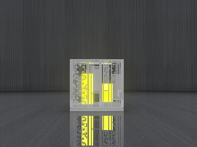 Transparent Cube Shaped Decorative Light with Yellow Light on Dark Floor and Reflection 3d model