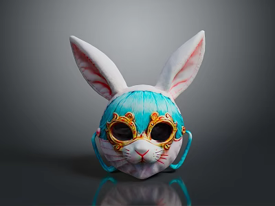 Decorative Rabbit Mask With White Ears Blue Decoration And Golden Frame 3d model