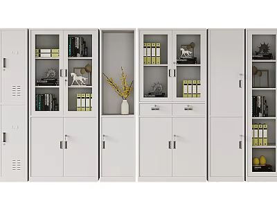 White Bookcase With Glass Doors Featuring Books And Decorative Ornaments In Combined Cabinets 3d model