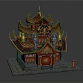 Cartoon Style Traditional Chinese Temple With Red Gold Decorations Stone Lions And Multi Layered Roofs