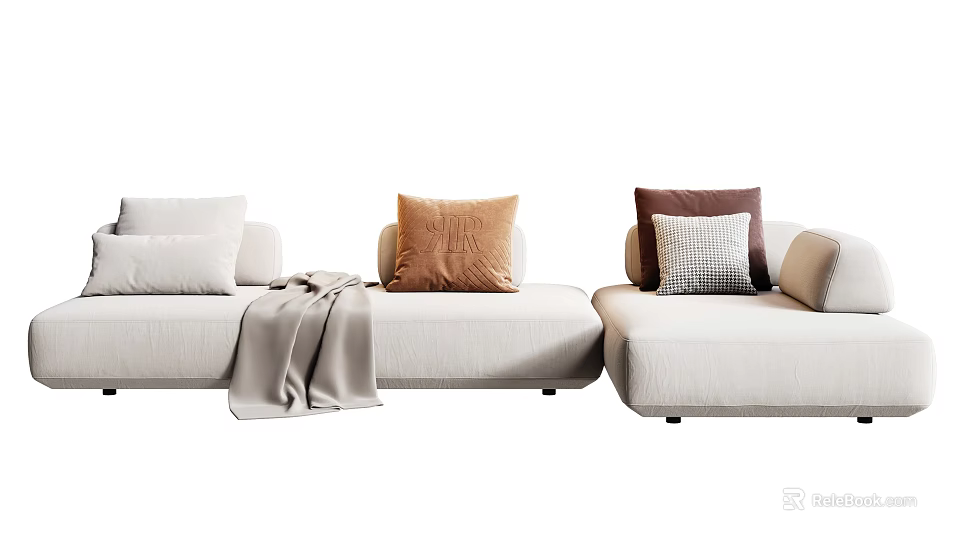 Beige Sectional Sofa With Brown Dark Brown Checkered Cushions And Throw Blanket 3d model 