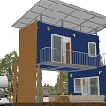 Blue Two Story Container House With Wooden Deck Outdoor Furniture And RV In Green Surroundings
