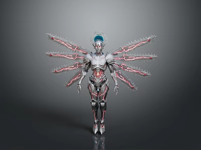 Sci Fi Humanoid Character With Multiple Mechanical Appendages Silver Red Armor And Blue Headpiece 3d model