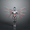 Sci Fi Humanoid Character With Multiple Mechanical Appendages Silver Red Armor And Blue Headpiece 3d model