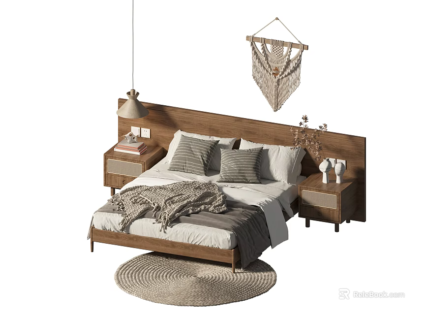 Wooden Double Bed with Gray White Pillows Blanket Wooden Nightstands and Hanging Macramé Decor 3d model 