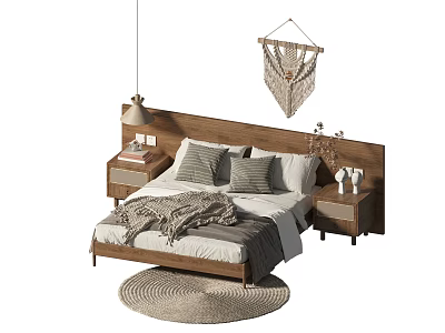 Wooden Double Bed with Gray White Pillows Blanket Wooden Nightstands and Hanging Macramé Decor 3d model