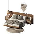 Wooden Double Bed with Gray White Pillows Blanket Wooden Nightstands and Hanging Macramé Decor