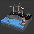 Wind Turbines Lighthouse Sailboat in Green Coastal Renewable Energy Landscape