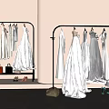 Elegant White Wedding Dresses on Gold Hangers with Pink Background and Accessories