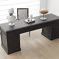 Stylish Black Desk with White Bust Tray Cup and Decorative Sculpture Near Wooden Chair