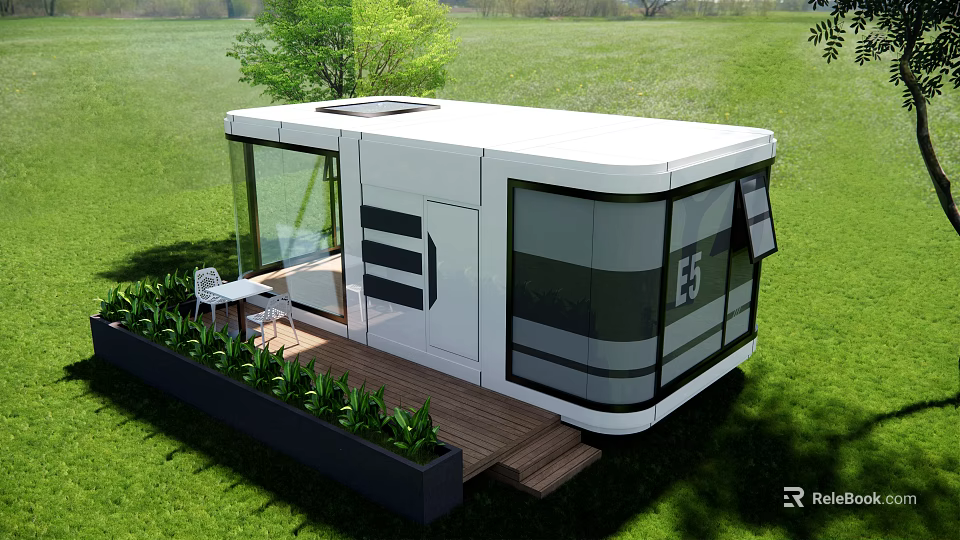 Modern Tiny Guesthouse With Large Glass Windows And Wooden Deck On Green Lawn 3d model 