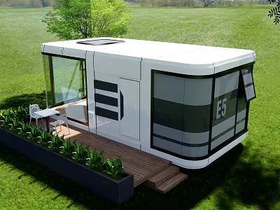 Modern Tiny Guesthouse With Large Glass Windows And Wooden Deck On Green Lawn 3d model