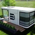 Modern Tiny Guesthouse With Large Glass Windows And Wooden Deck On Green Lawn