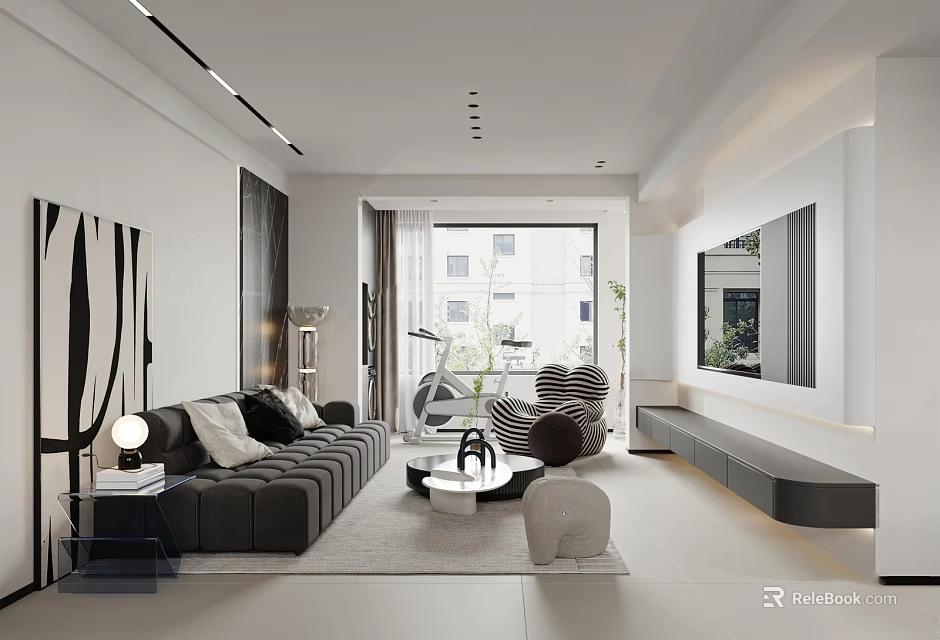 Modern Living Dining Room Interior With Grey Sofa Coffee Table TV Wall And Decorative Artwork 3d model 