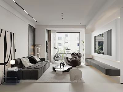 Modern Living Dining Room Interior With Grey Sofa Coffee Table TV Wall And Decorative Artwork 3d model