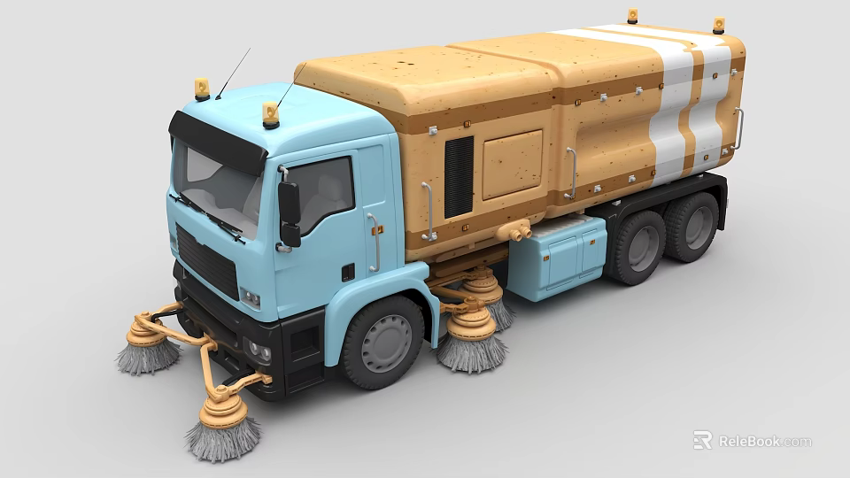Blue Cab Yellow White Body Street Sweeper Truck With Multiple Sweeping Brushes 3d model 
