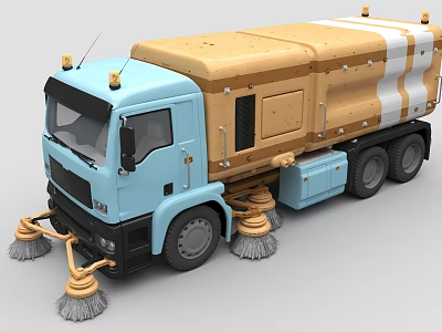 Blue Cab Yellow White Body Street Sweeper Truck With Multiple Sweeping Brushes 3d model