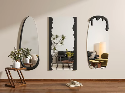 Various Shaped Wall Mounted Mirrors Reflecting Living Room Interior Decor Elements 3d model