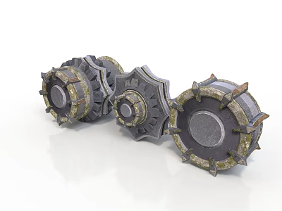 Three Mechanical Gear Components With Spiked Edges And Textured Metal Surfaces 3d model