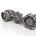 Three Mechanical Gear Components With Spiked Edges And Textured Metal Surfaces