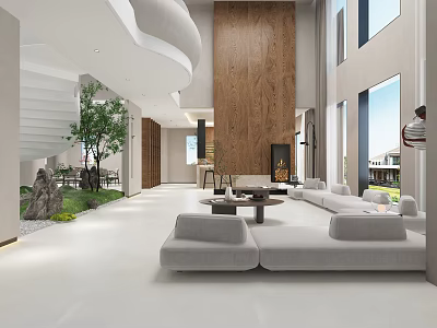 Modern Living Dining Room Interior Design With Wooden Wall Large Windows Sofa And Green Plants 3d model