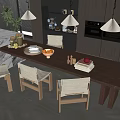 Modern Restaurant Interior With Long Wooden Table Marble Countertop Hanging Lamps And Upholstered Chairs