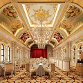 Luxurious Classical Restaurant Interior With Ornate Ceiling Crystal Chandelier Dining Tables And Wine Barrels