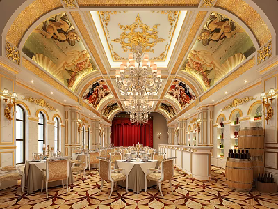 Luxurious Classical Restaurant Interior With Ornate Ceiling Crystal Chandelier Dining Tables And Wine Barrels 3d model