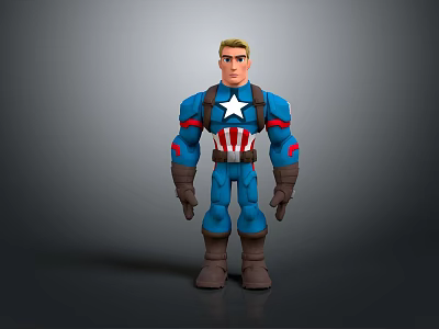 Cartoon Superhero Character In Blue Uniform With White Star Red Stripes Brown Gloves And Boots Standing Pose 3d model