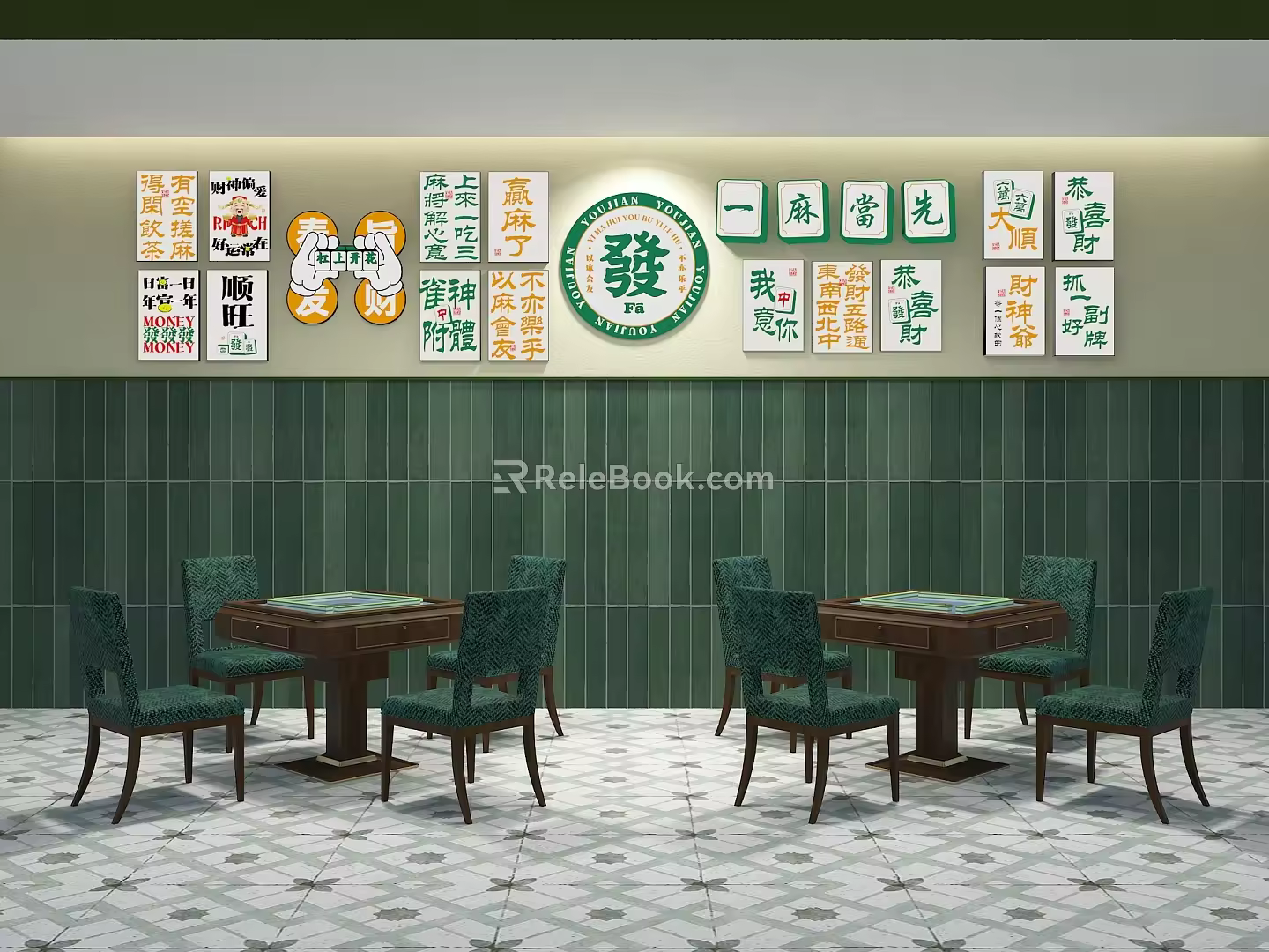 Hong Kong-style Chess and Card Room Mahjong Hall Mahjong Table and Chair Combination Chess and Card Room Decorative Wall Billboard 3d model